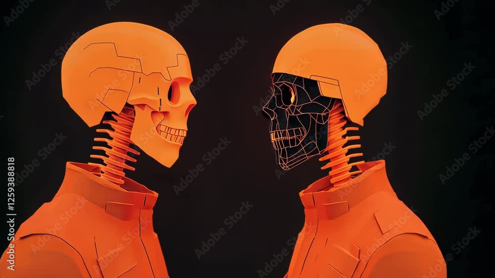 Poster abstract orange skeletons with wireframe design face each other against dark background digital art 
