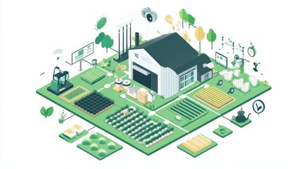 Stylized iconography of agricultural advancements, depicting real-time analytics, digital twin farm modeling, 5G-enabled farm networks, genetic crop enhancement, and vertical farming solutions, arrang