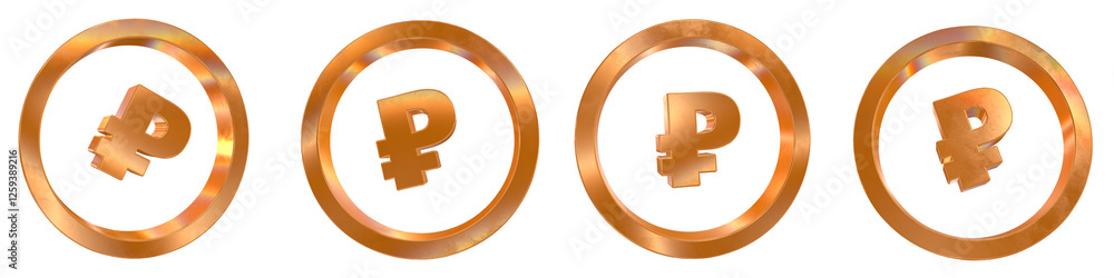 Poster set of 4 3d rouble coin outline shapes with golden and rainbow effects isolated on a transparent bac