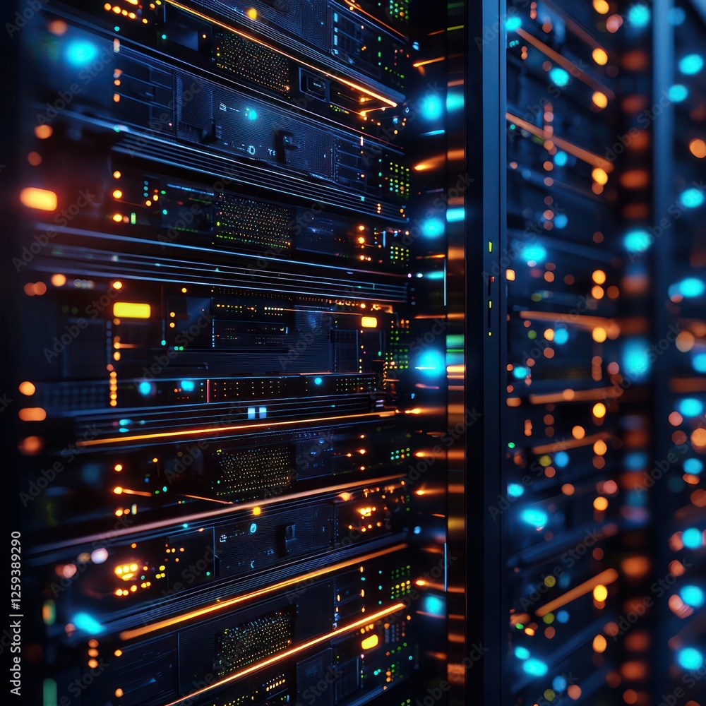 Poster glowing data streams shifting dynamically , high-tech activity in a digital hub.
