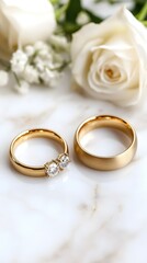 Elegant Gold Wedding Rings with Diamonds and White Rose on Marble Surface for Celebration