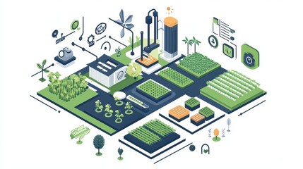 Obraz premium Stylized iconography of agricultural advancements, depicting real-time analytics, digital twin farm modeling, 5G-enabled farm networks, genetic crop enhancement, and vertical farming solutions, arrang