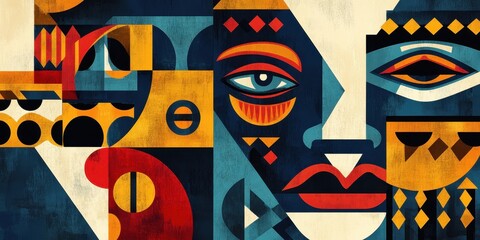 Abstract faces constructed from geometric shapes in vibrant colors