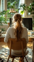 A person sitting at a desk in a sunlit room surrounded by plants, working on a computer.