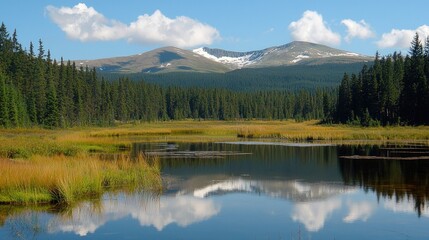 Serene mountain landscape with a calm lake reflecting trees and clouds under a blue sky