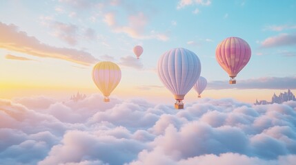 Naklejka premium Colorful hot air balloons soar above dreamy cloudscape at sunset; travel, fantasy