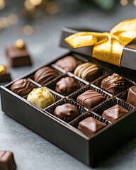 Artfully arranged box of gourmet chocolates with a golden ribbon.