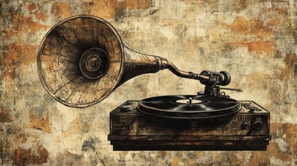 An antique gramophone plays music against a textured beige backdrop