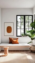 Modern Interior Design Space Featuring Minimalist Furniture Arrangement With Natural Light And Decorative Greenery Elements