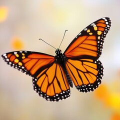Fototapeta premium Monarch butterfly flying, garden bokeh background, nature illustration, design element