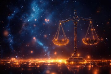 cosmic justice scales balanced on binary code streams floating in digital nebula with glowing...