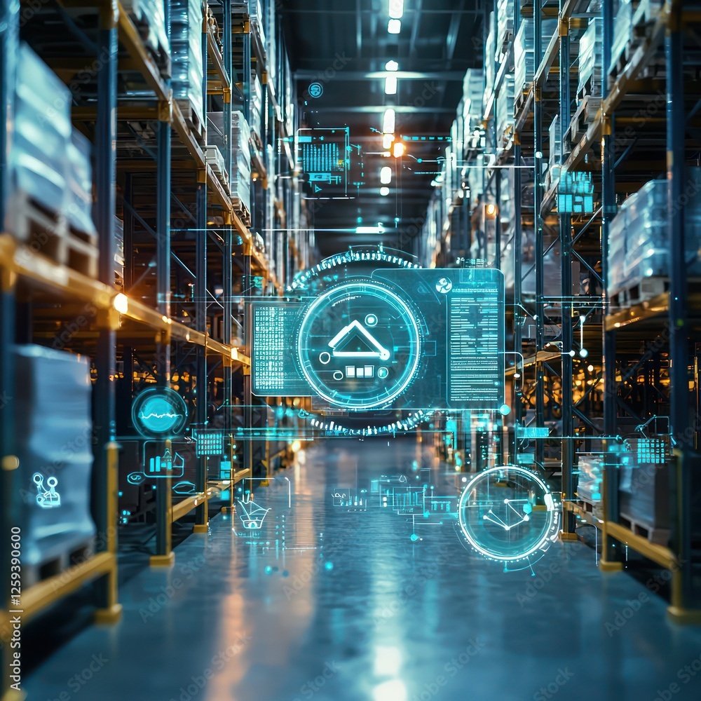 Poster logistics automation enhancing warehouse flow , digital data streamlining inventory operations.