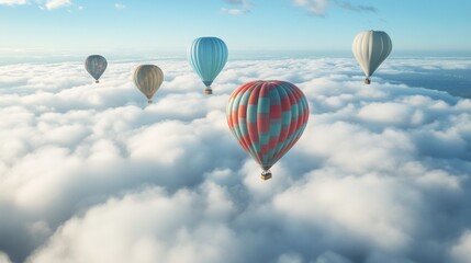 Fototapeta premium Hot air balloons soar above fluffy clouds, aerial view, travel advertisement