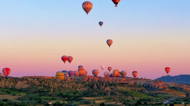 Goreme, Turkey, May 7, 2024: Colorful balloons in Cappadocia fly in the sky over deep canyons at dawn. A lot of balloons with tourists hover and fly in the blue sky above the valley of rocks. 4К