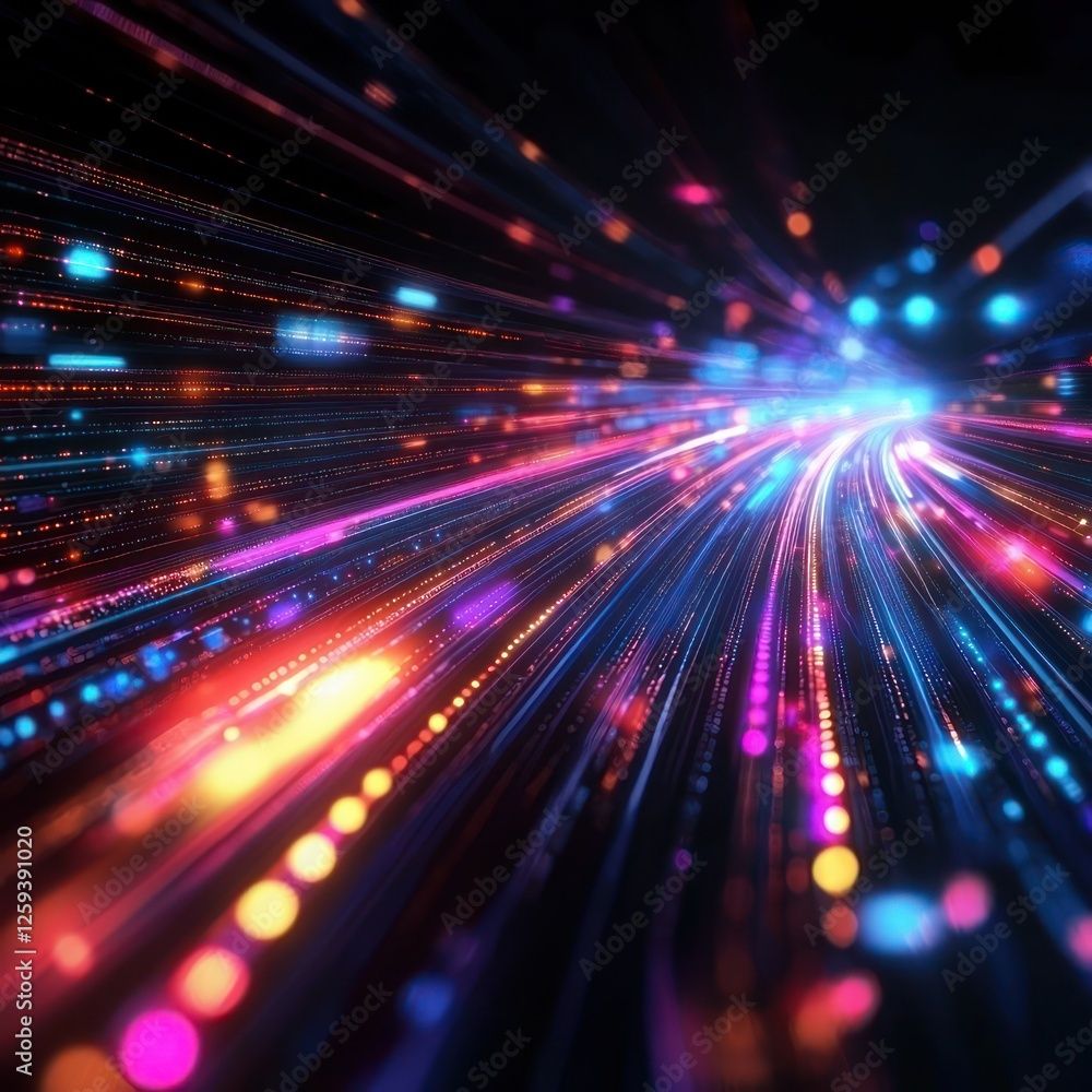 Poster cyberpunk dynamic light trails form an abstract technological background.
