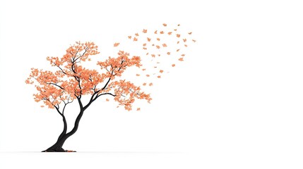 A solitary tree with orange leaves shedding in the wind against a white background
