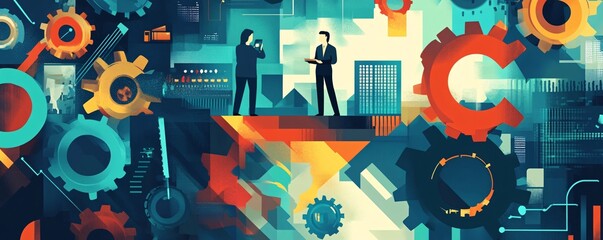 Businesspeople collaborating in abstract technological cityscape