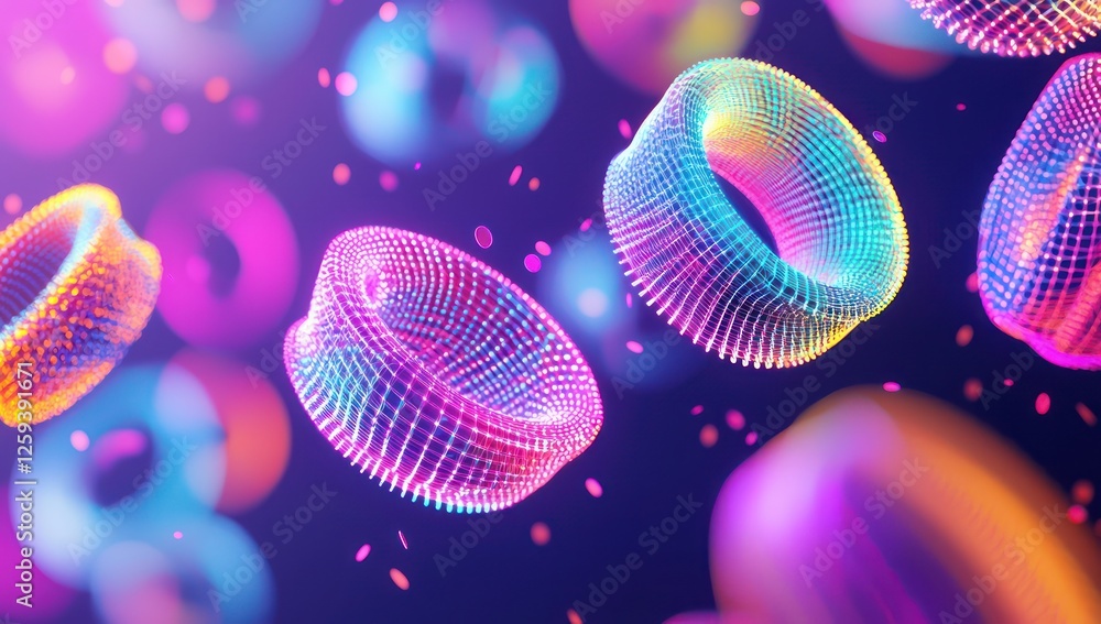 Poster statistical data forming floating holographic models, showcasing high-tech analytical processes.