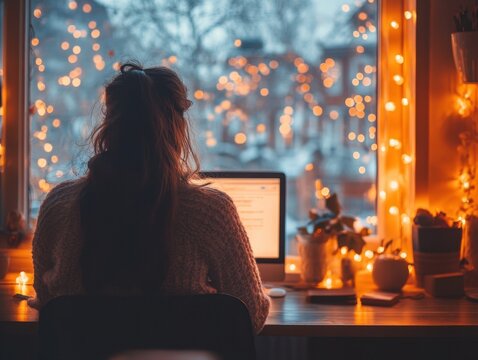 A person working at a desk with warm lights and a winter view outside the window.