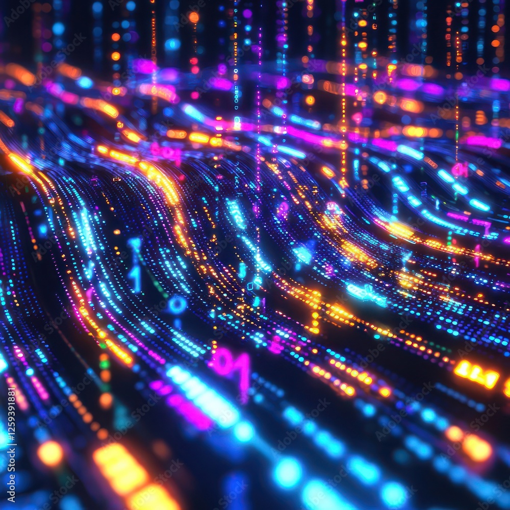 Poster binary network glowing with vibrant motion, displaying high-speed digital transmission mechanics.