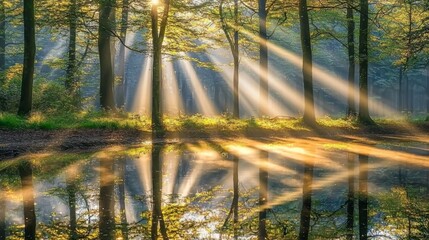 Obraz premium Breathtaking Forest Scene with Sunlight Streaming Through Trees and Reflected in Calm Water