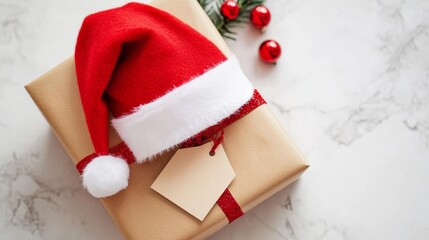 Santa hat on a gift with a personalized tag. Featuring a gift with a Santa hat and a personalized tag. Highlighting thoughtful gift-giving and holiday spirit. Ideal for Christmas themes.