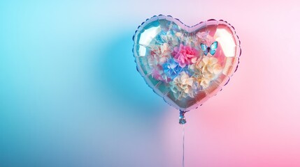Pastel heart balloon, flowers, butterflies, gradient background, romantic decor