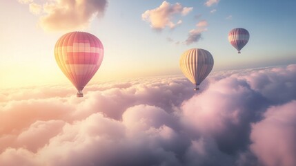 Fototapeta premium Hot air balloons soaring above clouds at sunrise, idyllic travel scene