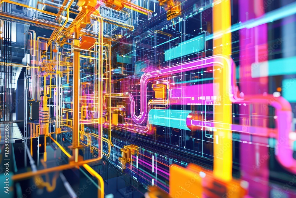 Poster high-tech data processing center visualizing analytics , vibrant ai-powered grid.