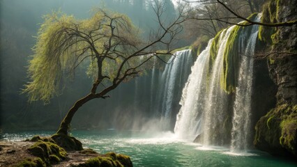 Emerald Waterfall Dress: Nature's Runway - Fashion Photography