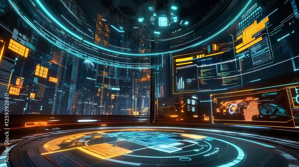 Poster futuristic data center with glowing screens and a circular platform showcasing digital information