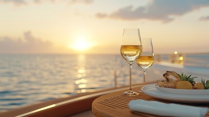 Obraz premium two glasses of champagne on the background of sunset