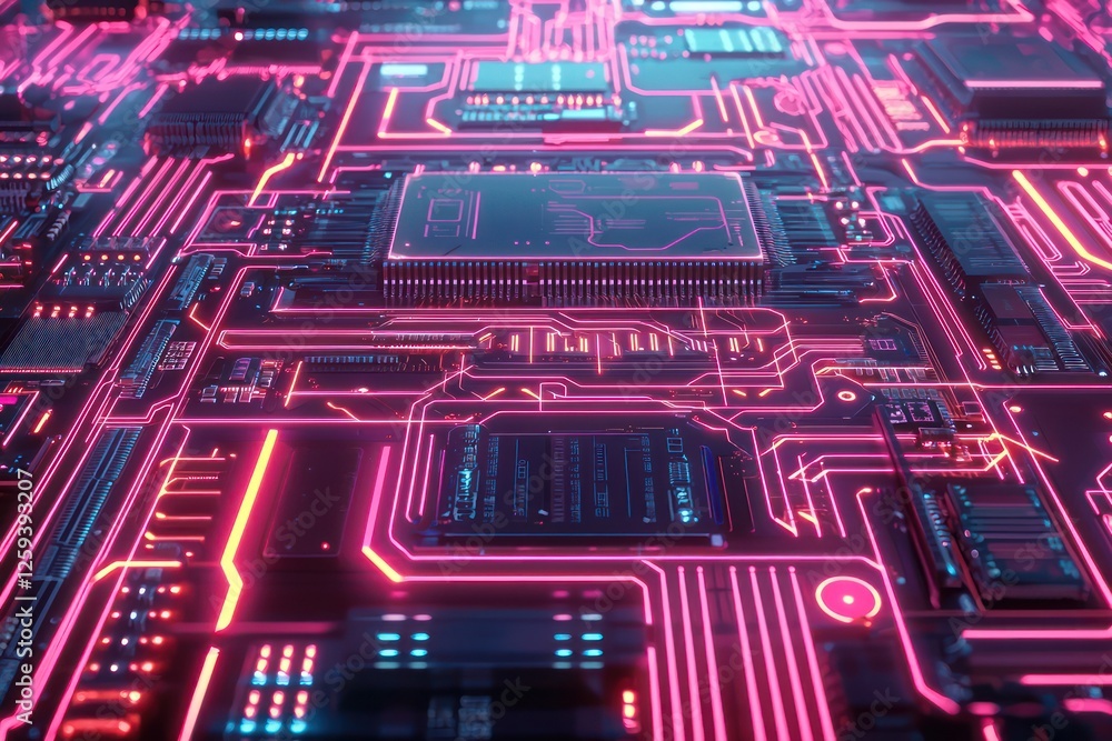 Poster electronic circuit layout exhibiting interconnected conductive lines and embedded nodes.