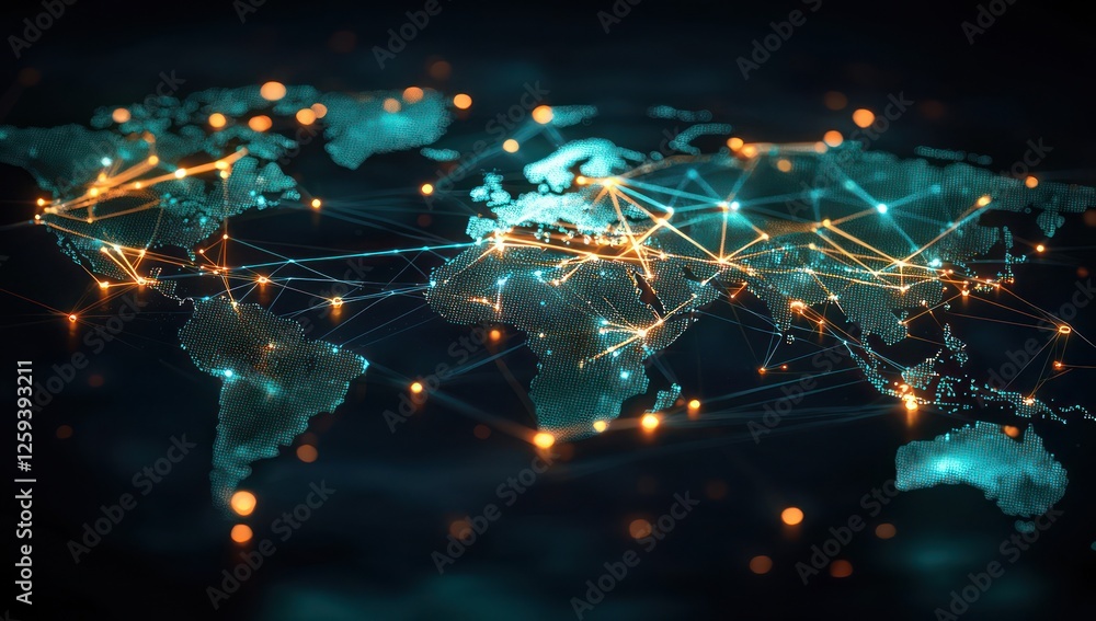 Poster high-tech geospatial data network overlaying a darkened globe, real-time digital synchronization.