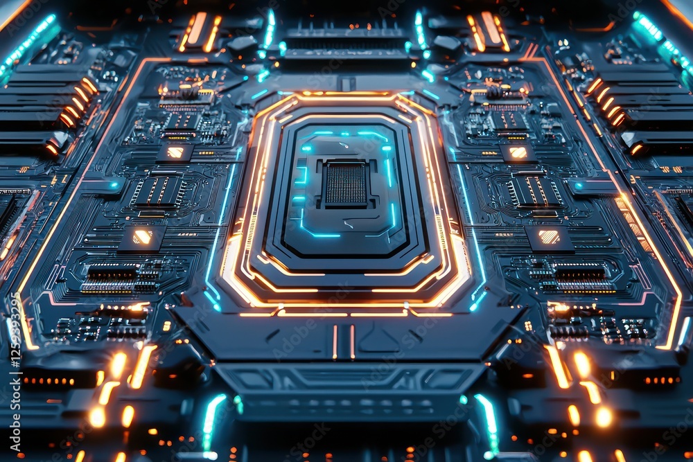 Poster intricate hardware architecture visualized with glowing circuit paths and deep etchings.