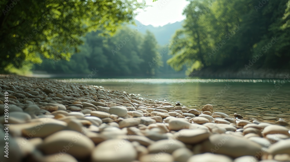 Poster pristine lake shore with smooth pebbles lining the edge, surrounded by towering trees and the peacef