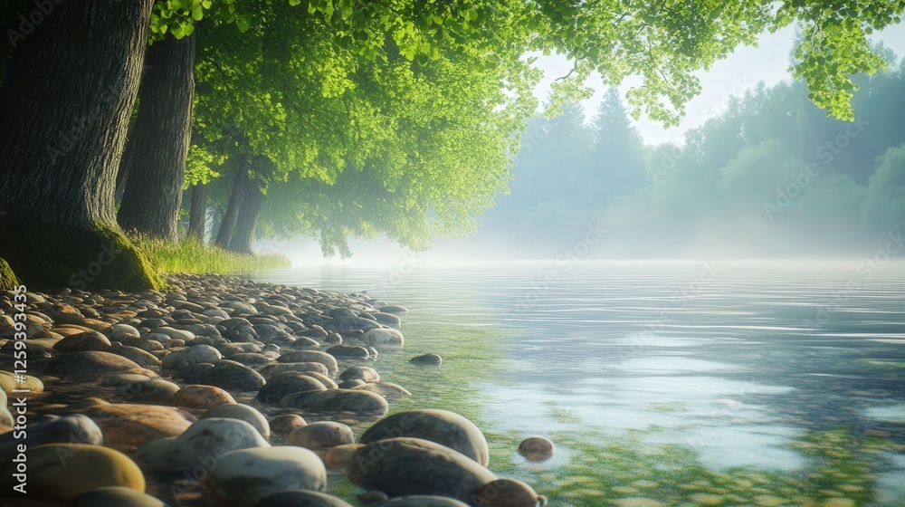 Poster pristine lake shore with smooth pebbles lining the edge, surrounded by towering trees and the peacef