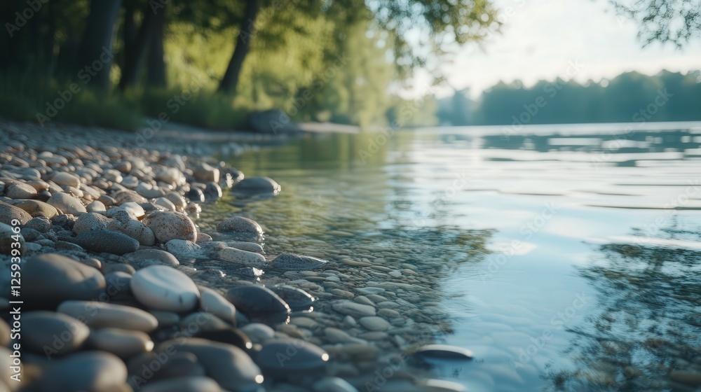 Poster pristine lake shore with smooth pebbles lining the edge, surrounded by towering trees and the peacef