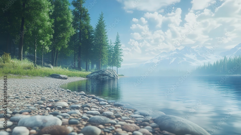 Aufkleber pristine lake shore with smooth pebbles lining the edge, surrounded by towering trees and the peacef