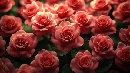 Obraz premium Close-up view of numerous pink roses illuminated, creating a romantic and lush floral background.