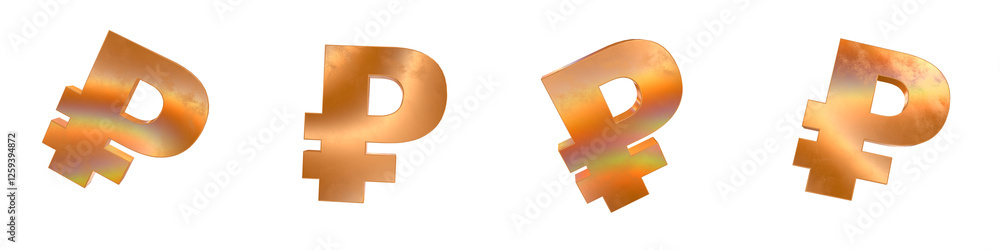 Poster set of 4 3d rouble symbol shapes with golden and rainbow effects isolated on a transparent backgroun