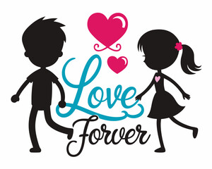 a boy and a girl are holding hands with love