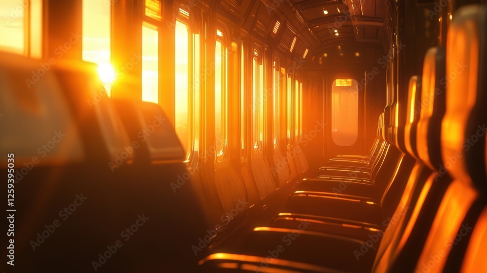 Poster empty train during twilight, with soft orange light from the setting sun streaming through the windo