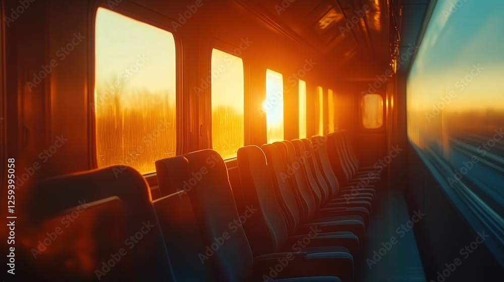 Poster empty train during twilight, with soft orange light from the setting sun streaming through the windo