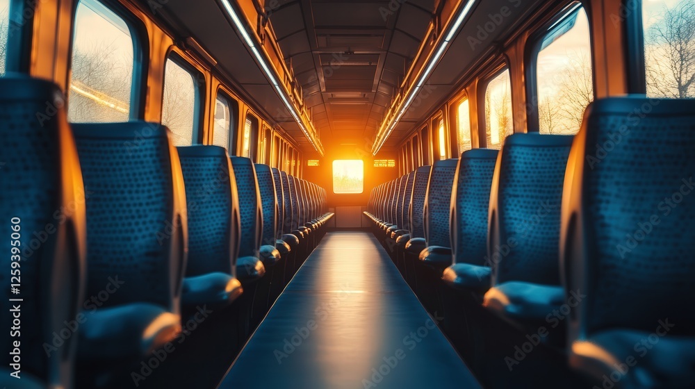 Poster empty train during twilight, with soft orange light from the setting sun streaming through the windo