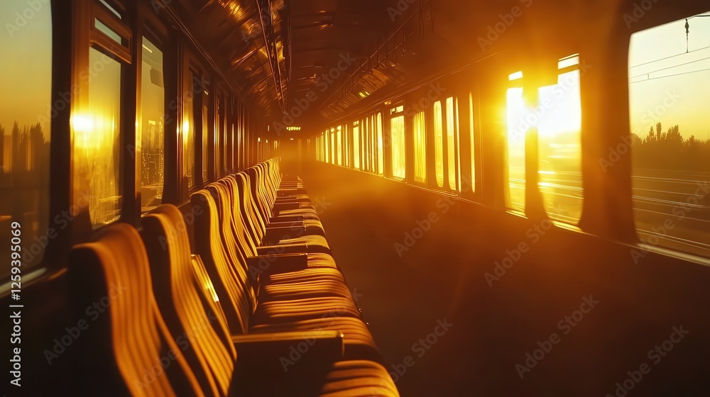 Poster empty train during twilight, with soft orange light from the setting sun streaming through the windo