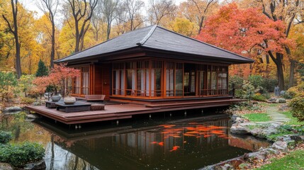 Tranquil Japanese-style house surrounded by autumn foliage