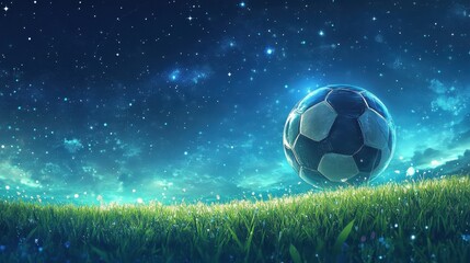 Fototapeta premium A glowing soccer ball rests on grass under starry sky
