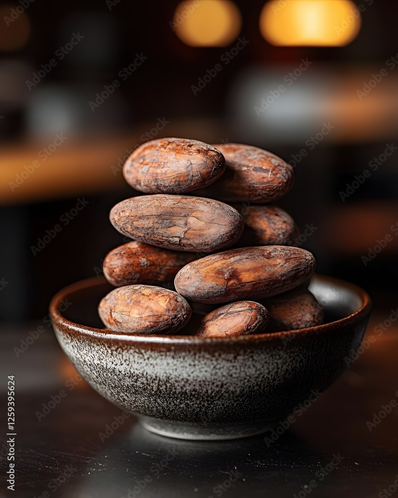 Poster aromatic cocoa beans overflowing from rustic bowl in warm light studio setting