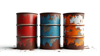 Fototapeta premium Three colorful rusty barrels - environmental neglect - stock image, industrial decay visuals